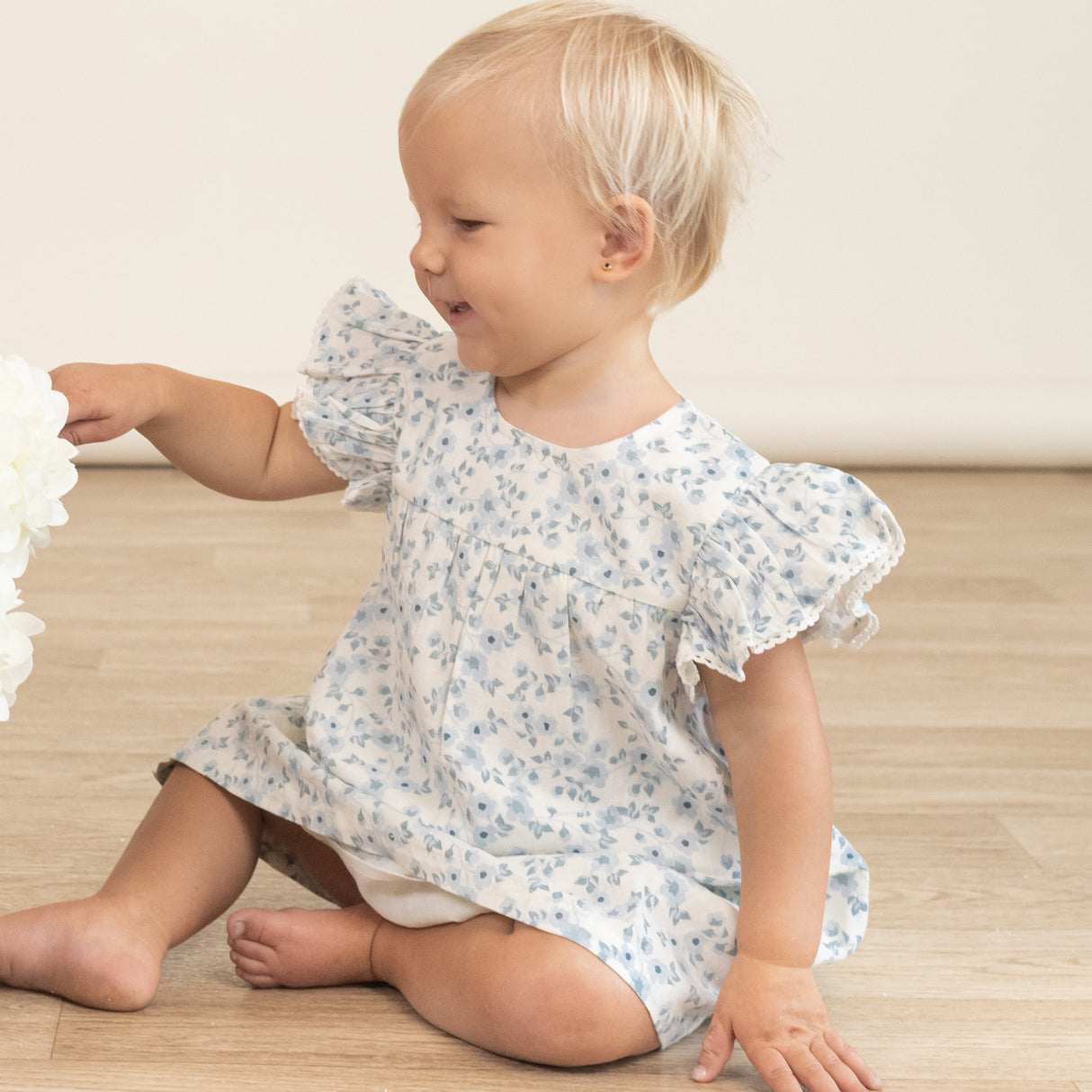 Organic Short Sleeve Flutter Dress - Blue Vines - HoneyBug