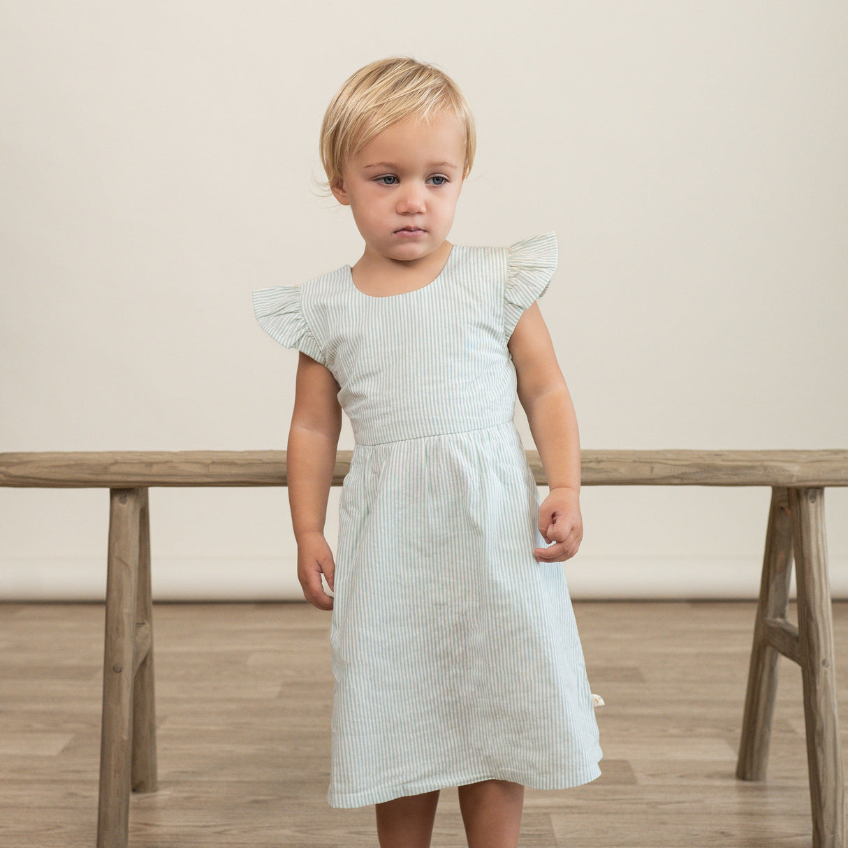 Organic Flutter Summer Dress - Green Stripes - HoneyBug