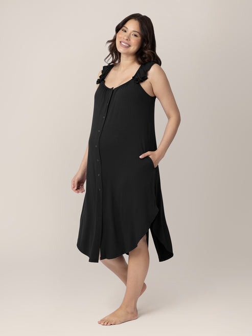 Ruffle Strap Labor & Delivery Gown | Black - HoneyBug