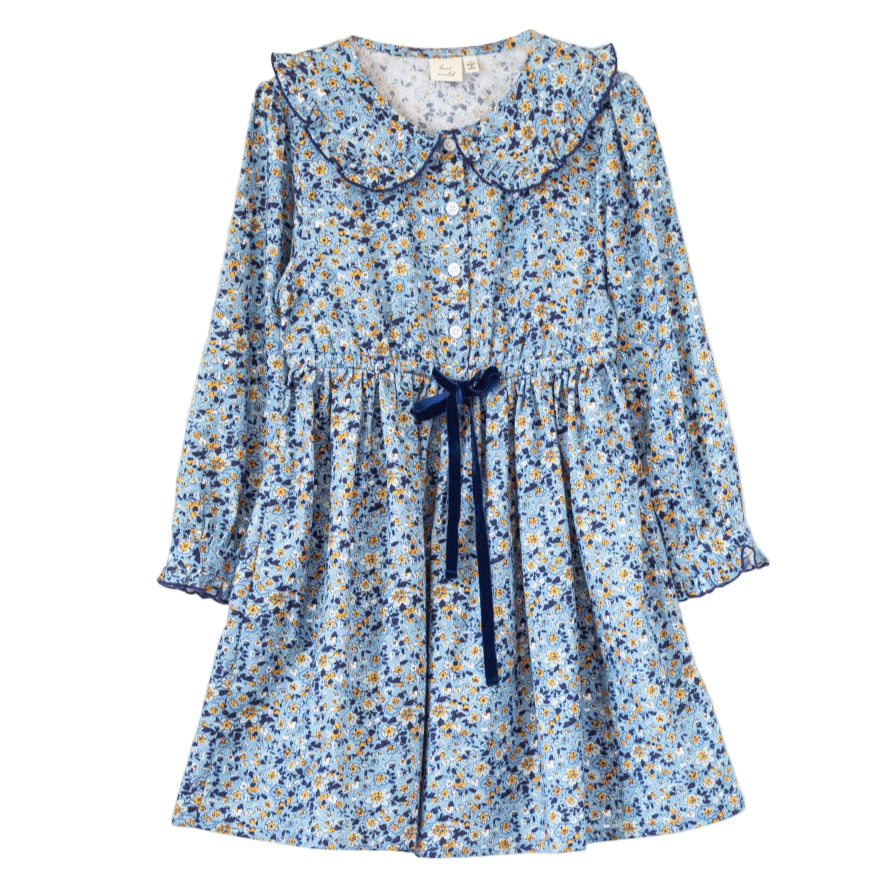 Girls Adelaide Velvet Tie Dress | Blue and Mustard Wildflowers - HoneyBug