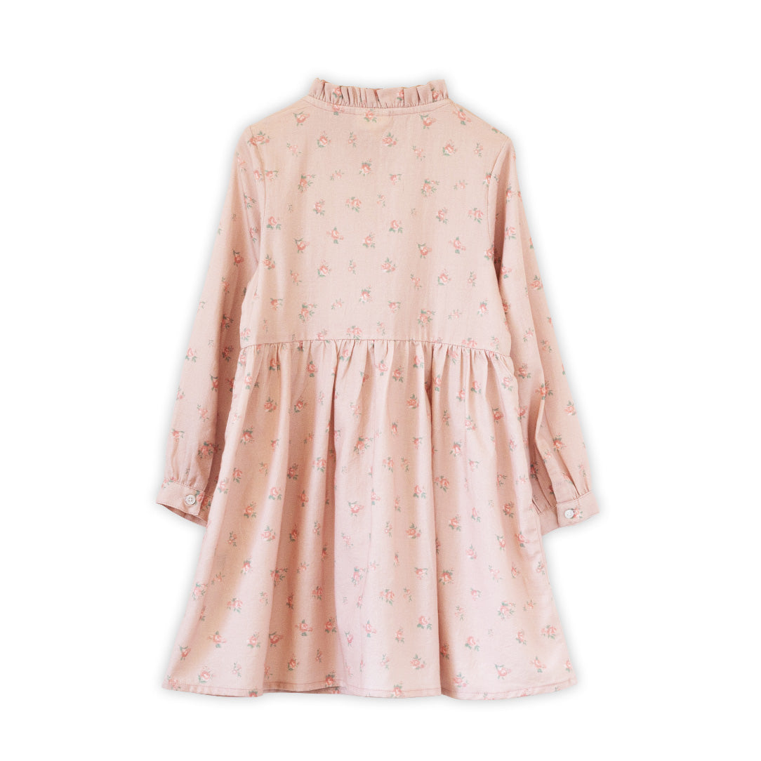 Girls Long Sleeves Dress with Front Ruffle | Vintage Pink Rose - HoneyBug