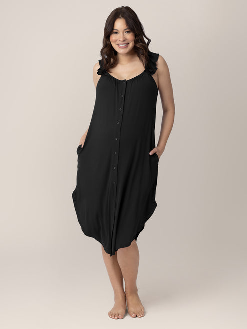 Ruffle Strap Labor & Delivery Gown | Black - HoneyBug