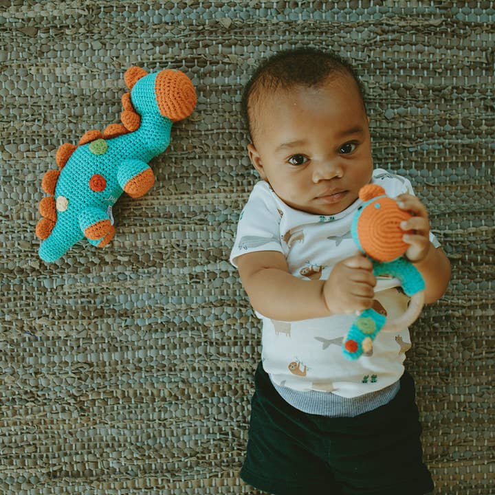Friendly Turquoise Steggy Dino Rattle - HoneyBug