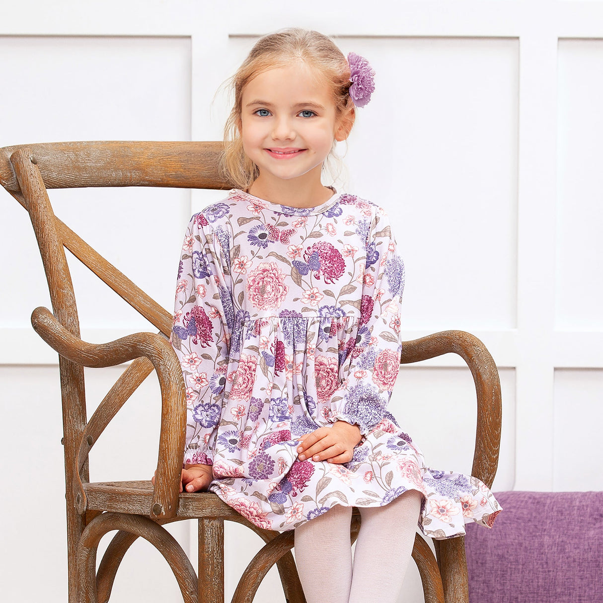 Floral Long Sleeve Girls Dress – Bamboo Cotton Vintage Bloom - HoneyBug