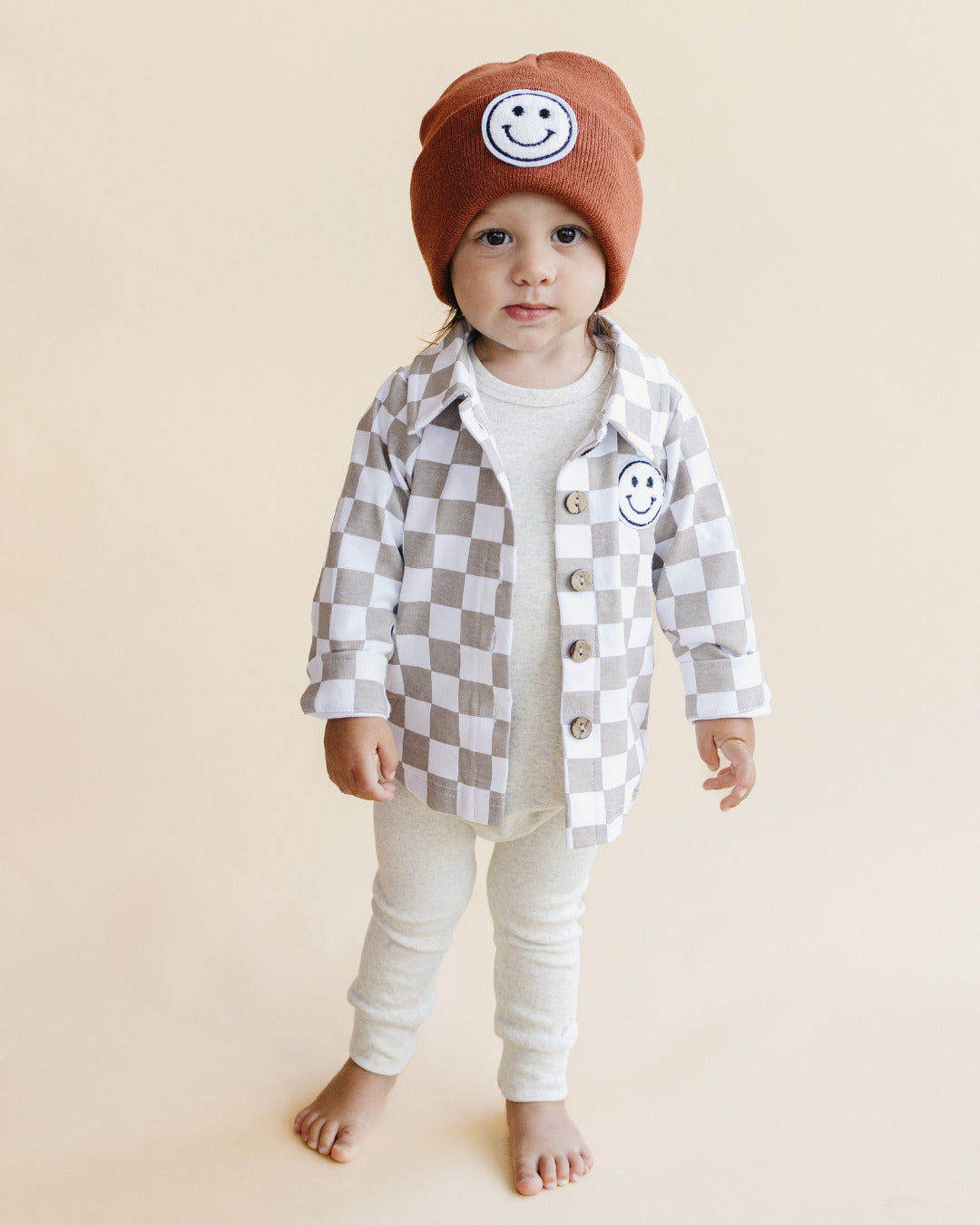 Cotton Shacket | Smiley Checkered Latte - HoneyBug