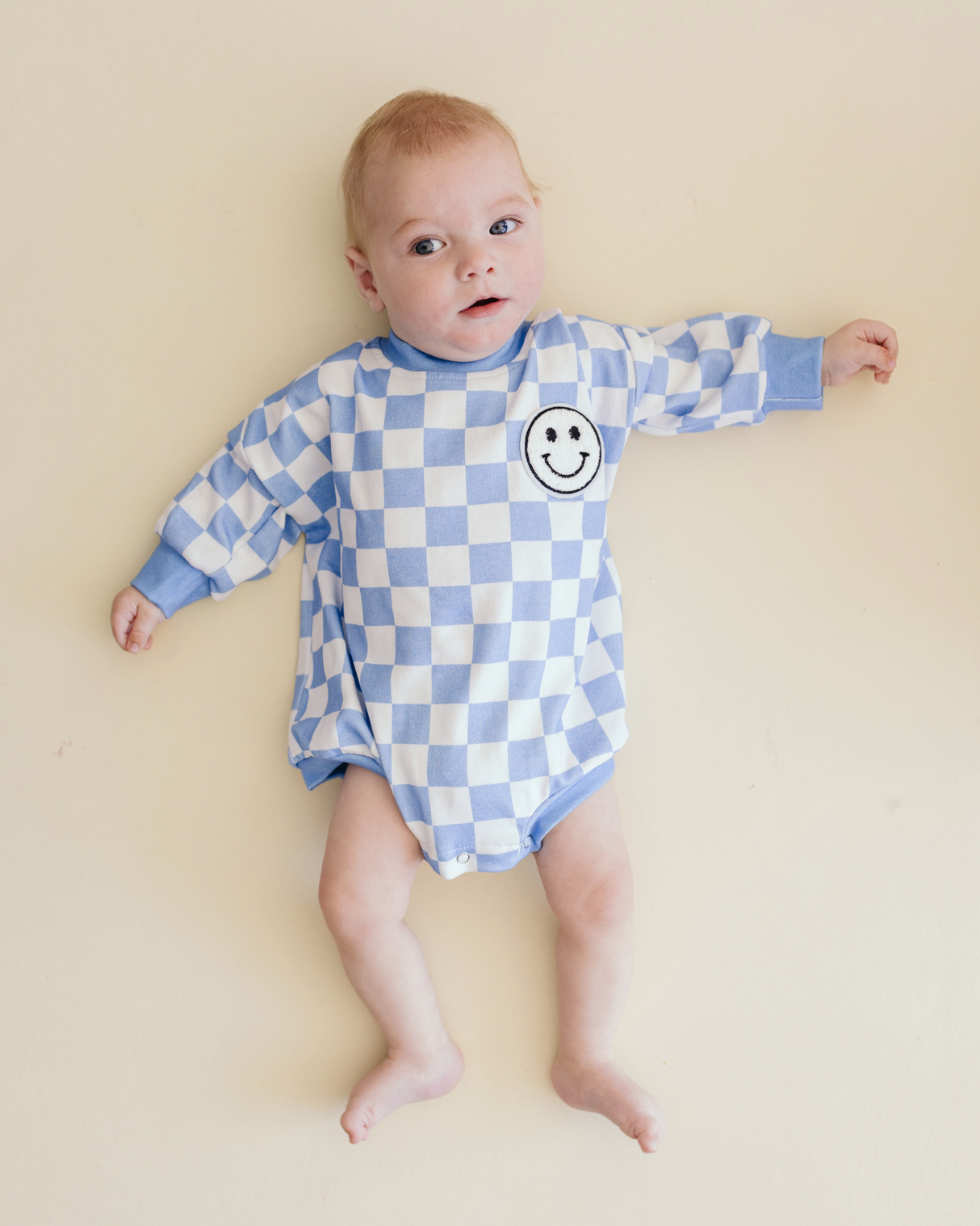 Bubble Romper | Checkered Smiley Blue - HoneyBug