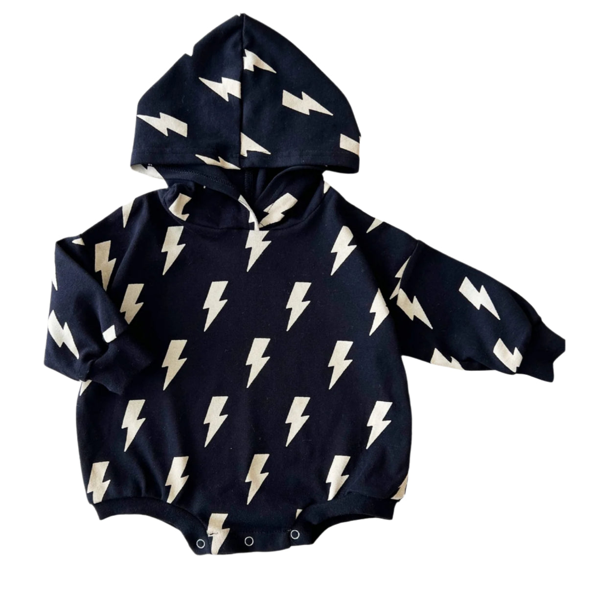 Hooded Bubble Romper | Black Bolts - HoneyBug