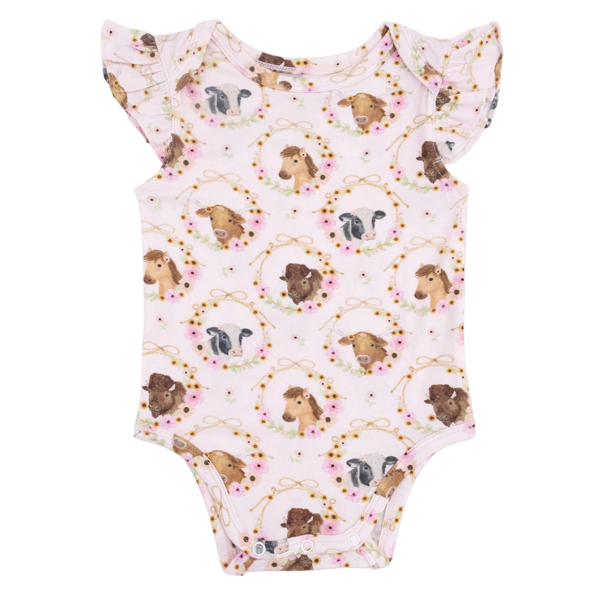 Farm Animals Floral Cameos Pink - Ruffle Sleeve Bodysuit