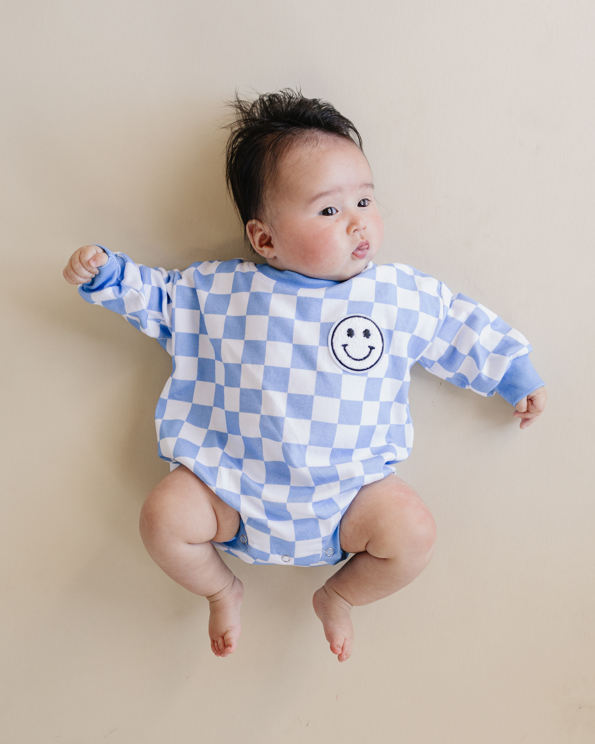 Bubble Romper | Checkered Smiley Blue - HoneyBug