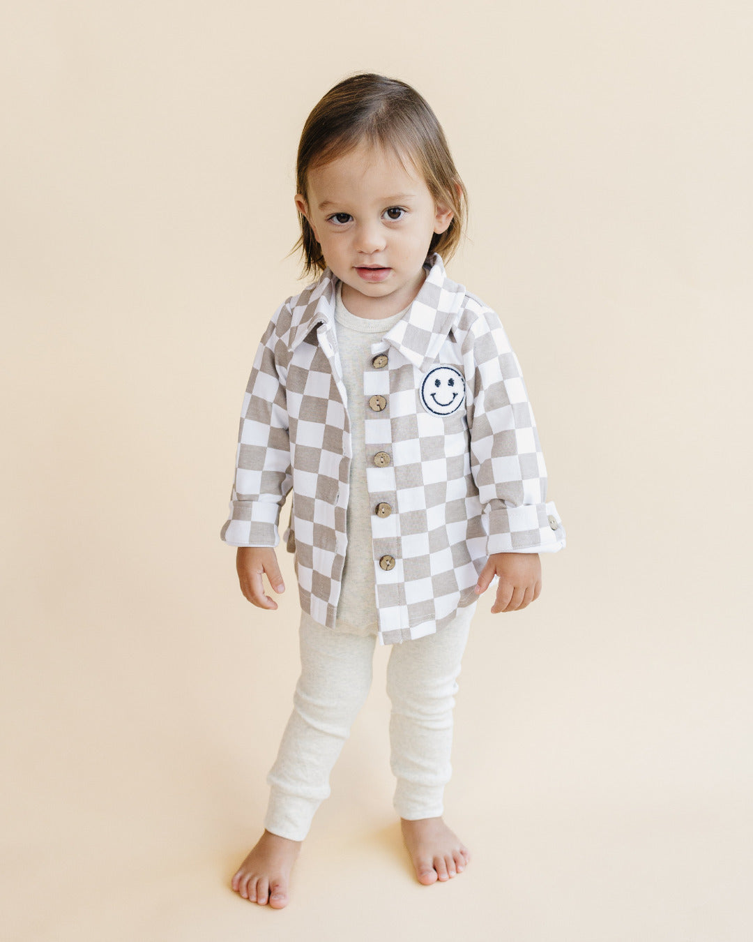 Cotton Shacket | Smiley Checkered Latte - HoneyBug
