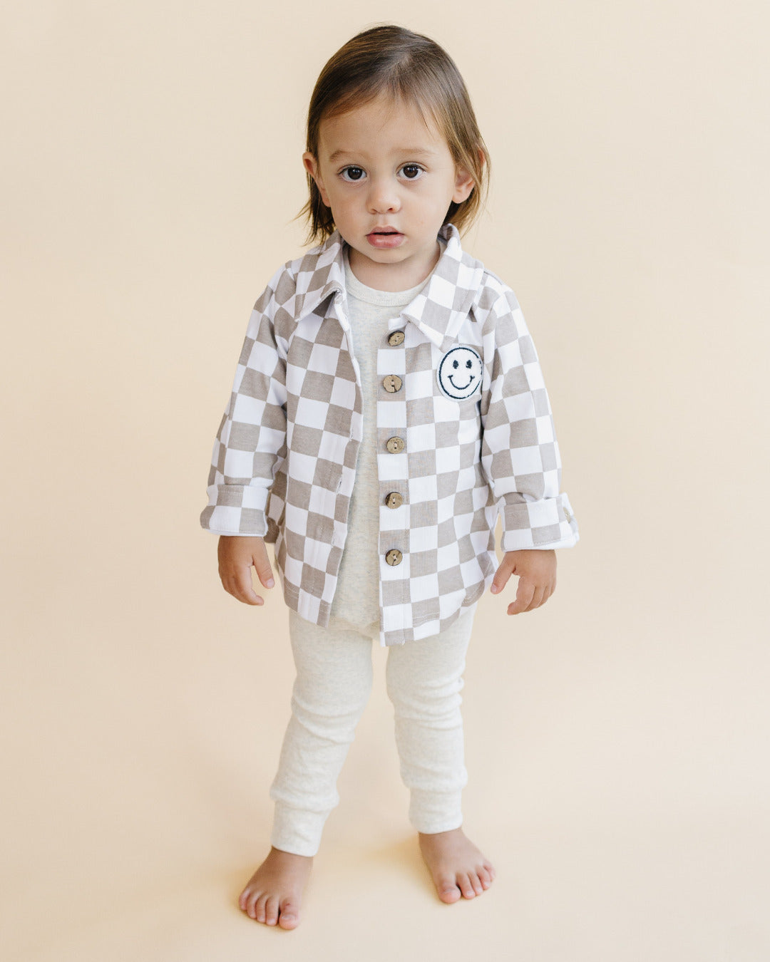 Cotton Shacket | Smiley Checkered Latte - HoneyBug