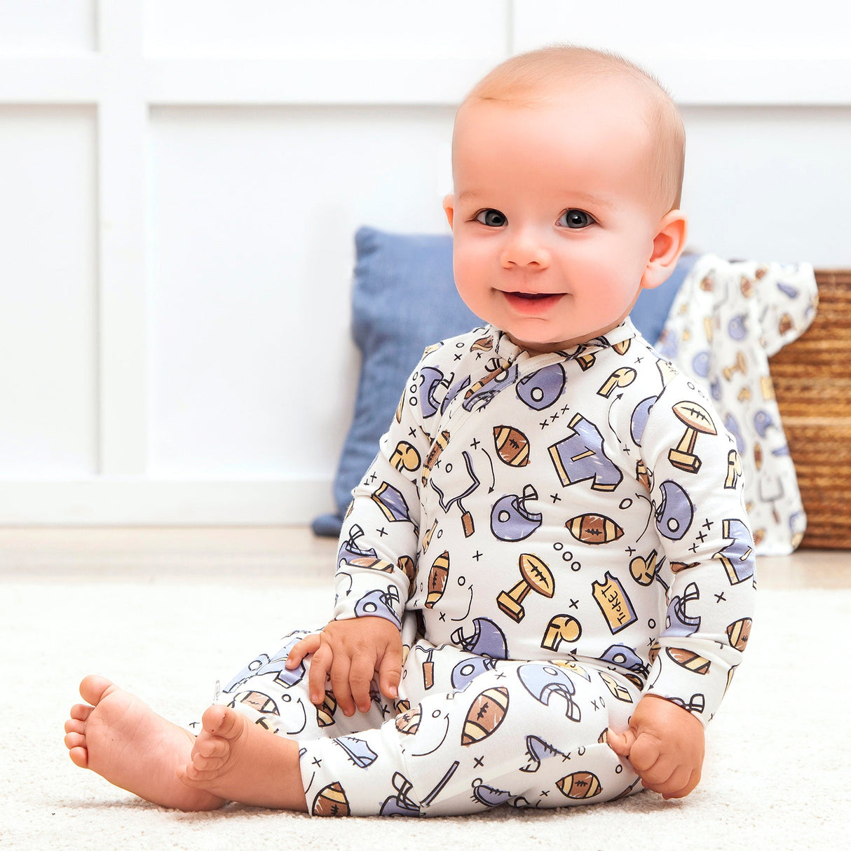 Touchdown Baby Boy Bamboo Football Zipper Romper - HoneyBug