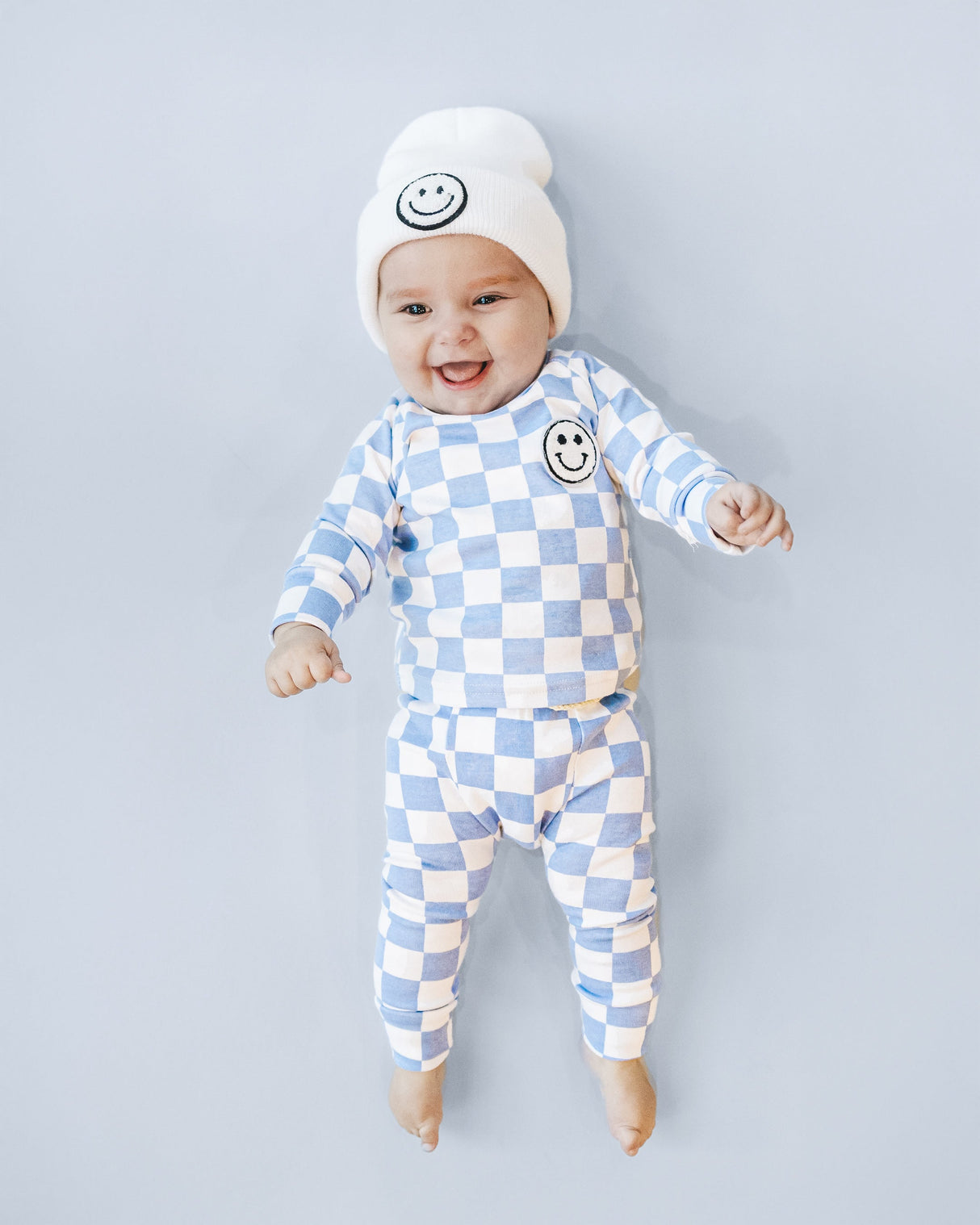 Checkered Smiley Lounge Set | Blue - HoneyBug