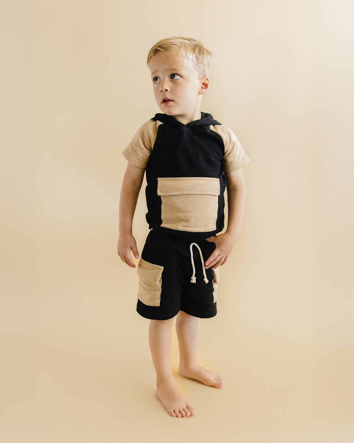 Terry Cargo Shorts Set | Black & Tan - HoneyBug