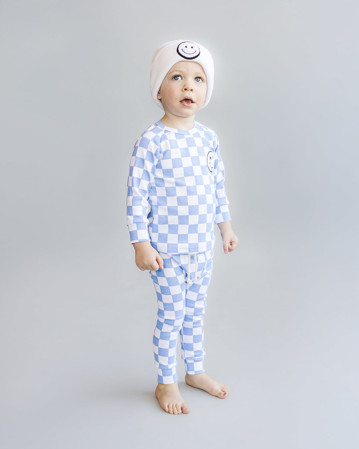 Checkered Smiley Lounge Set | Blue - HoneyBug