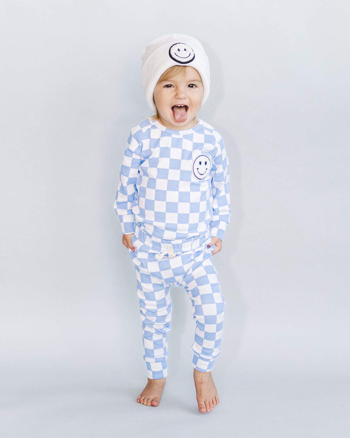 Checkered Smiley Lounge Set | Blue - HoneyBug