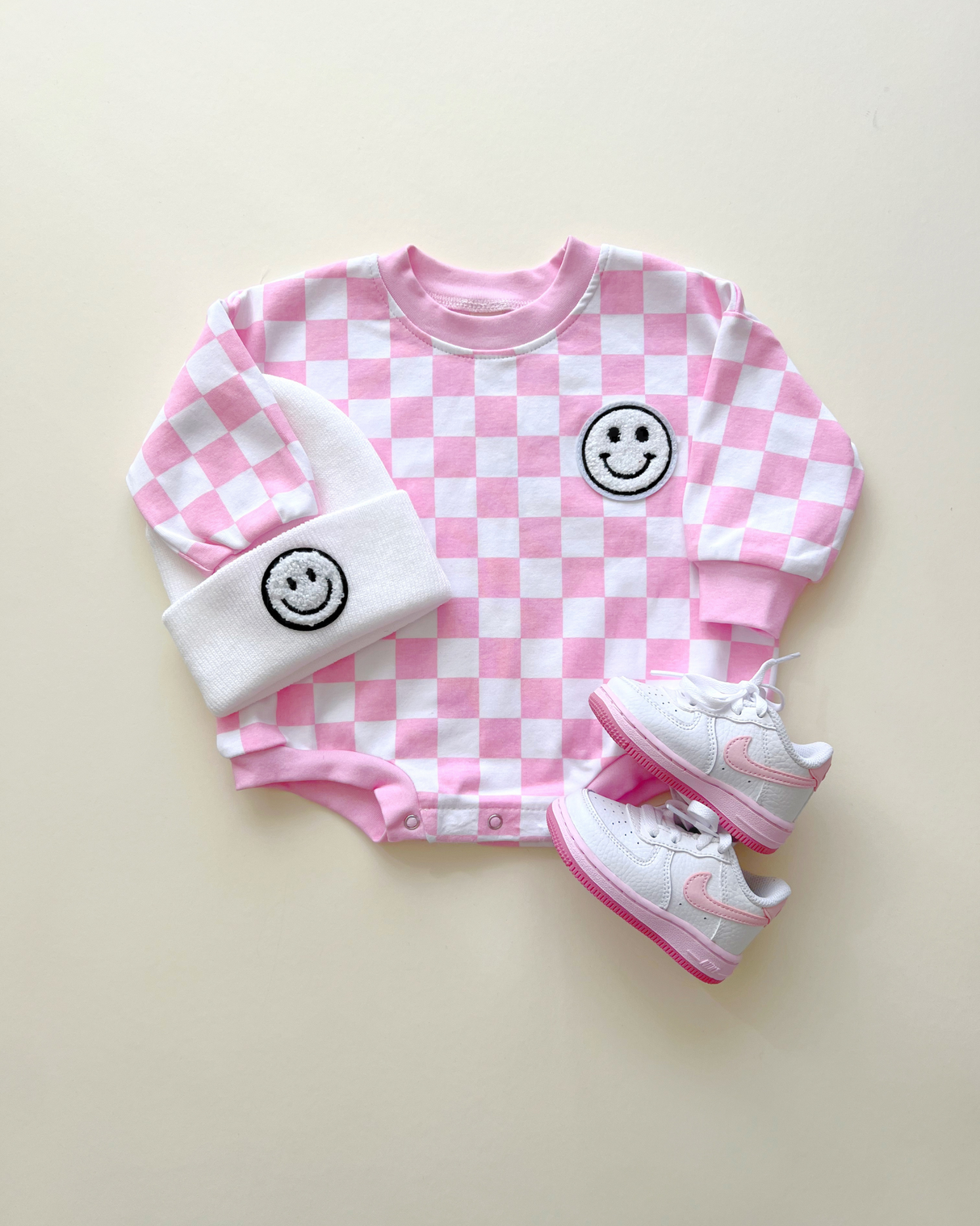 Bubble Romper | Checkered Smiley Pink - HoneyBug