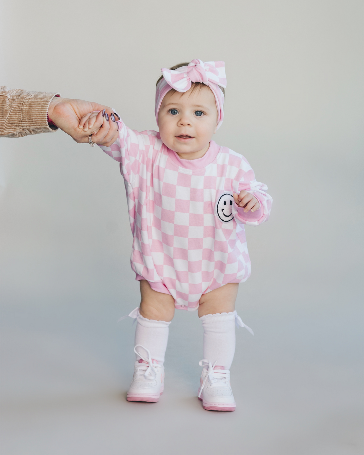 Bubble Romper | Checkered Smiley Pink - HoneyBug