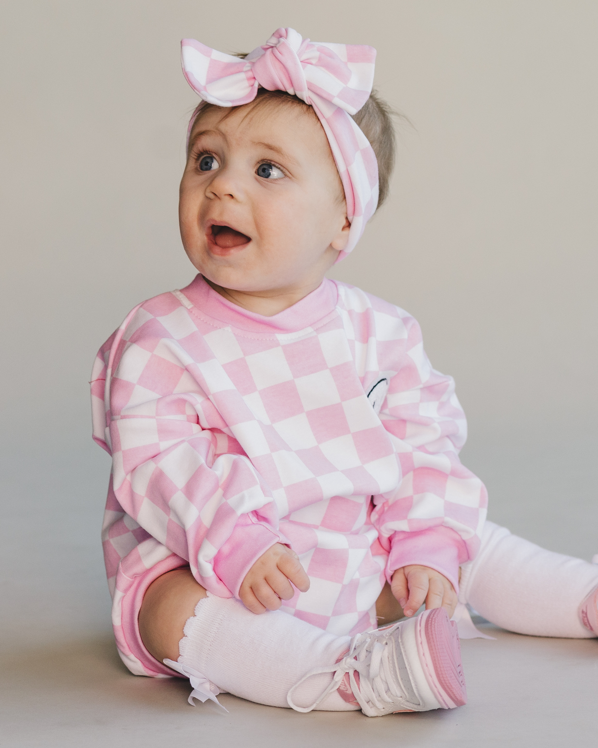 Bubble Romper | Checkered Smiley Pink - HoneyBug