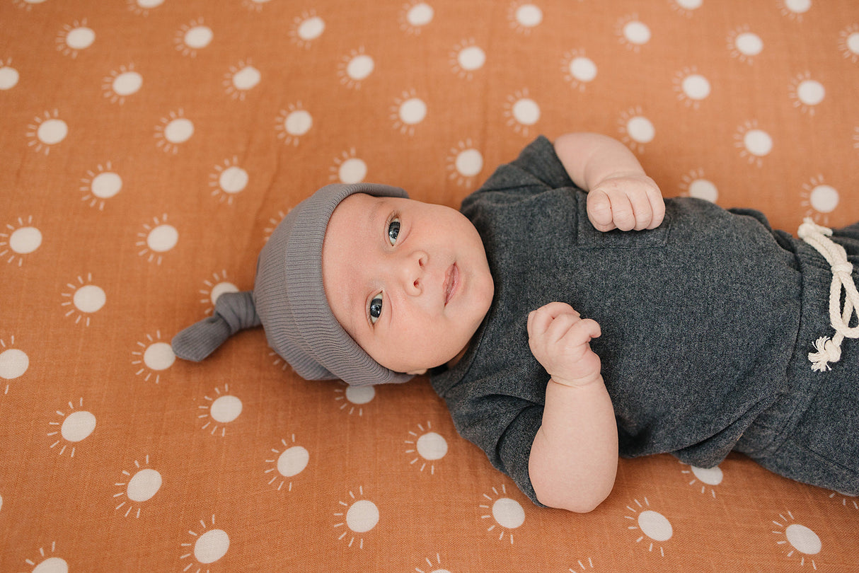 Grey Organic Ribbed Newborn Knot Hat - HoneyBug