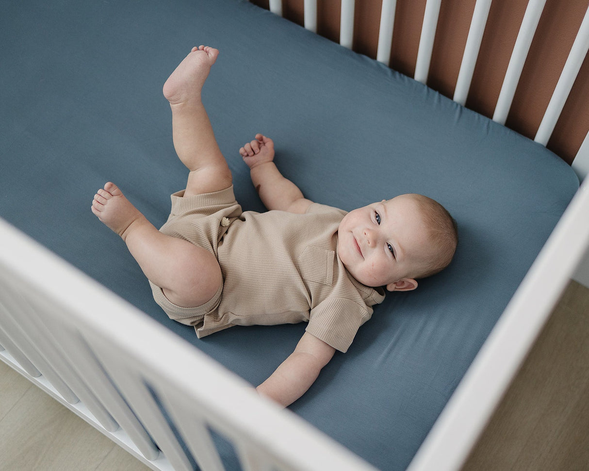 Dusty Blue Bamboo Stretch Crib Sheet - HoneyBug