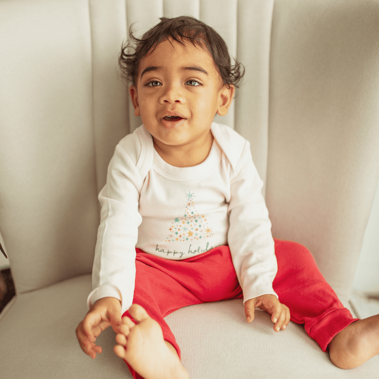 long sleeve graphic bodysuit | happy holidays tree - HoneyBug