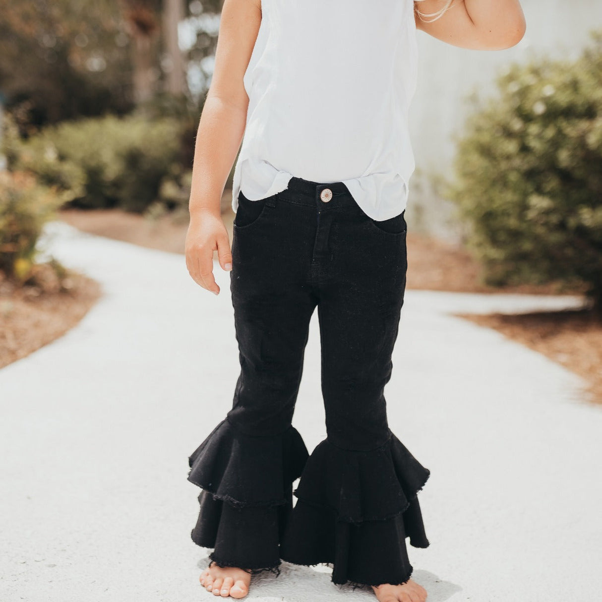Black Denim Double Ruffle Pant - HoneyBug