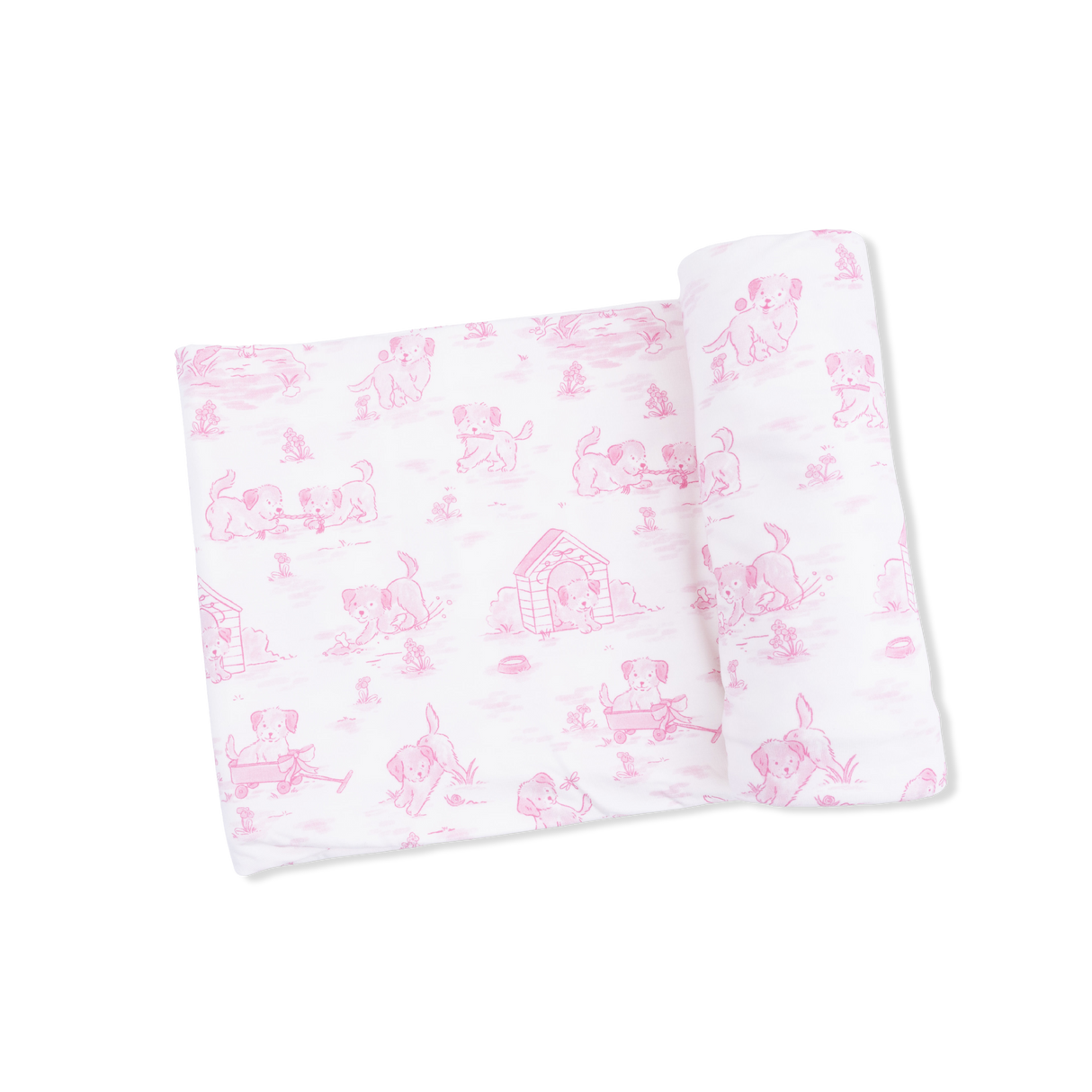 Puppy Toile Pink - 2 Way Ruffle Back Zipper Footie & Swaddle Blanket Set