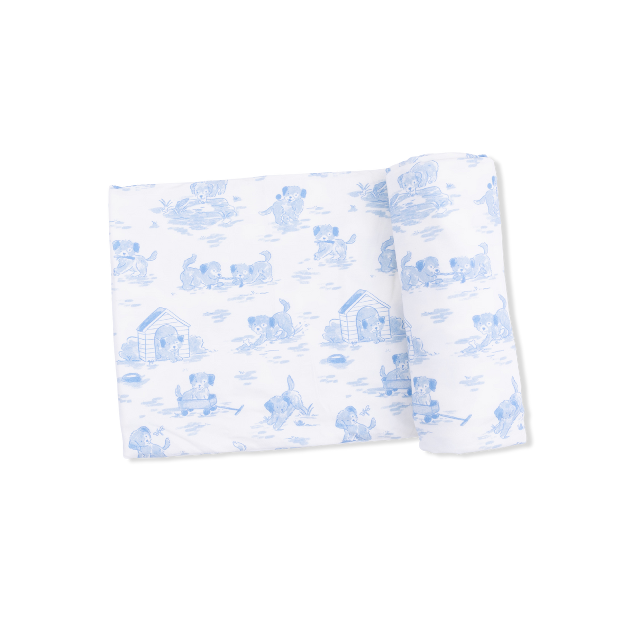Puppy Toile Blue - 2 Way Zipper Footie, Swaddle & Bandana Bib Set