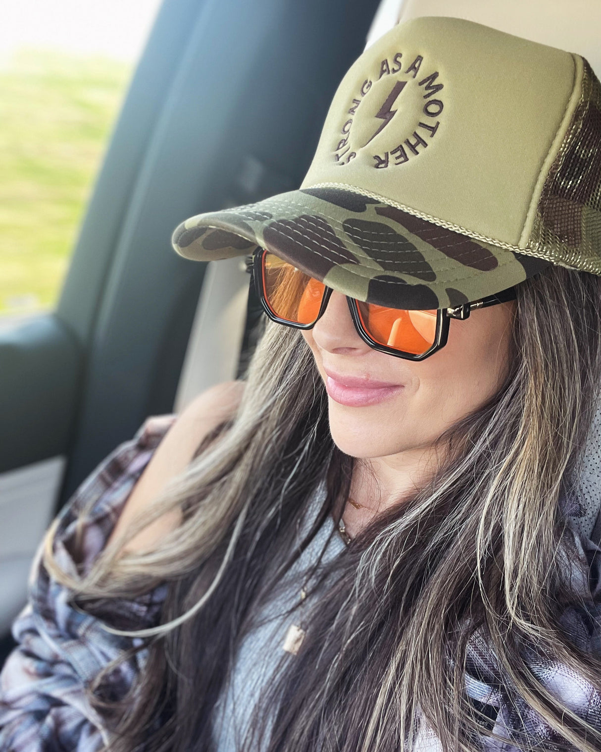 Strong as a mother™ Embroidered Trucker Hat - Camo + Olive - HoneyBug