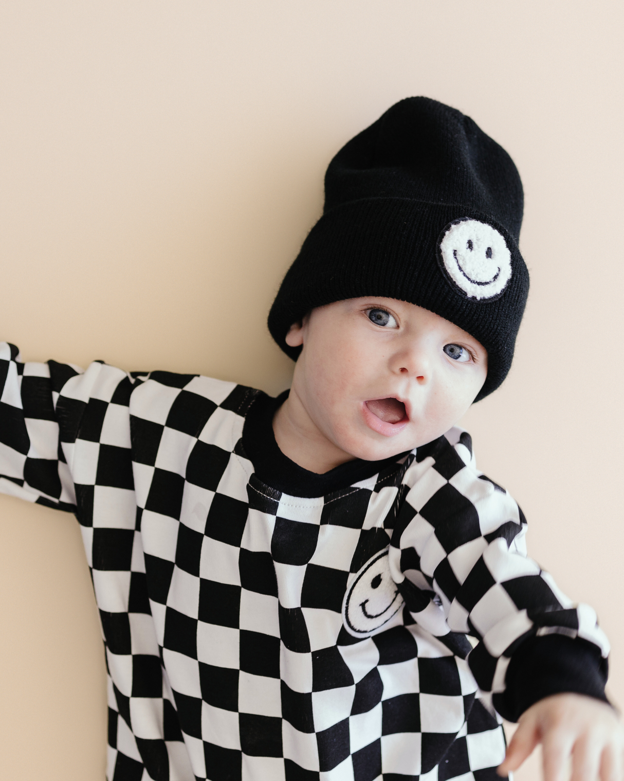 Bubble Romper | Checkered Smiley Black - HoneyBug