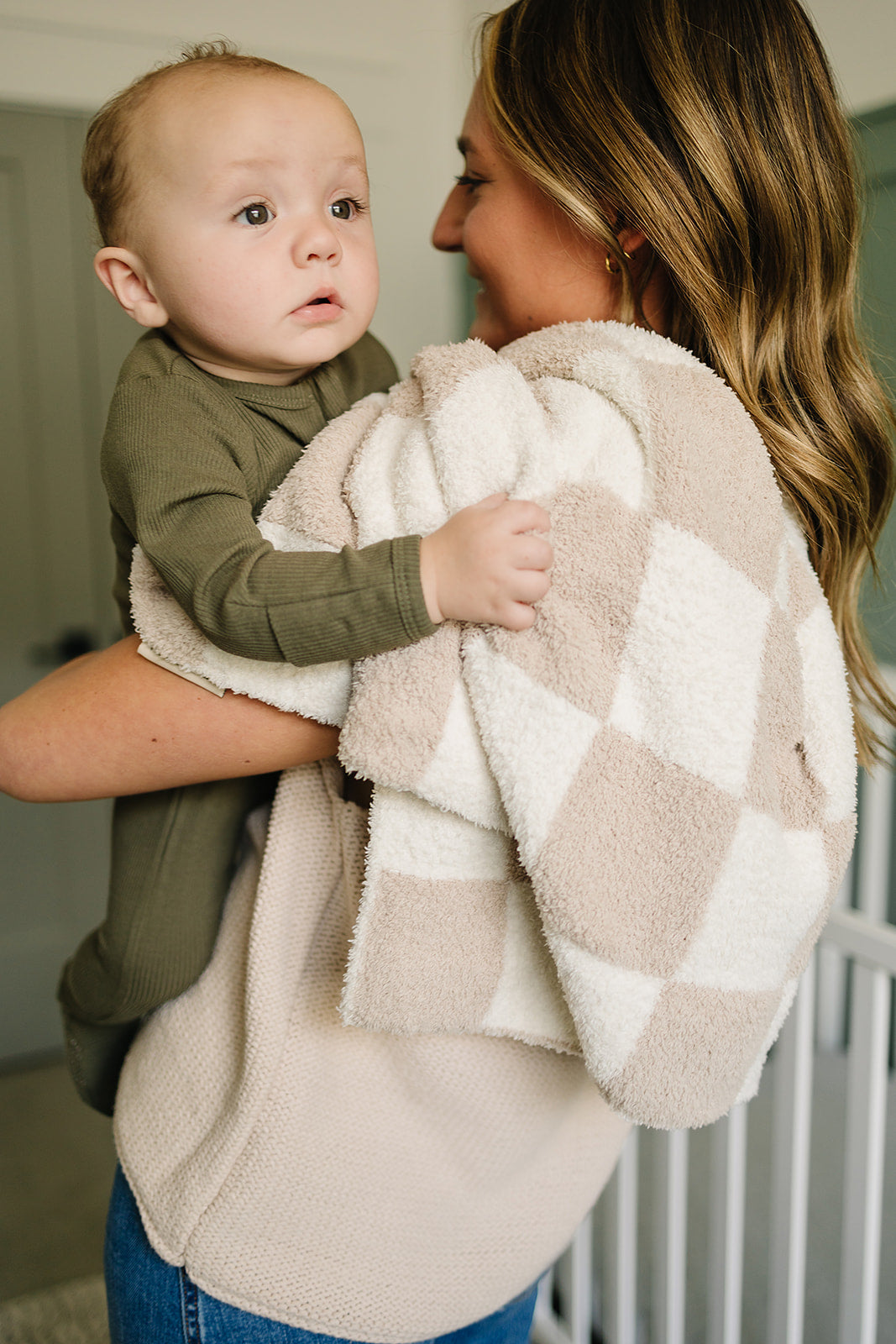 Taupe Checkered Plush Blanket - HoneyBug