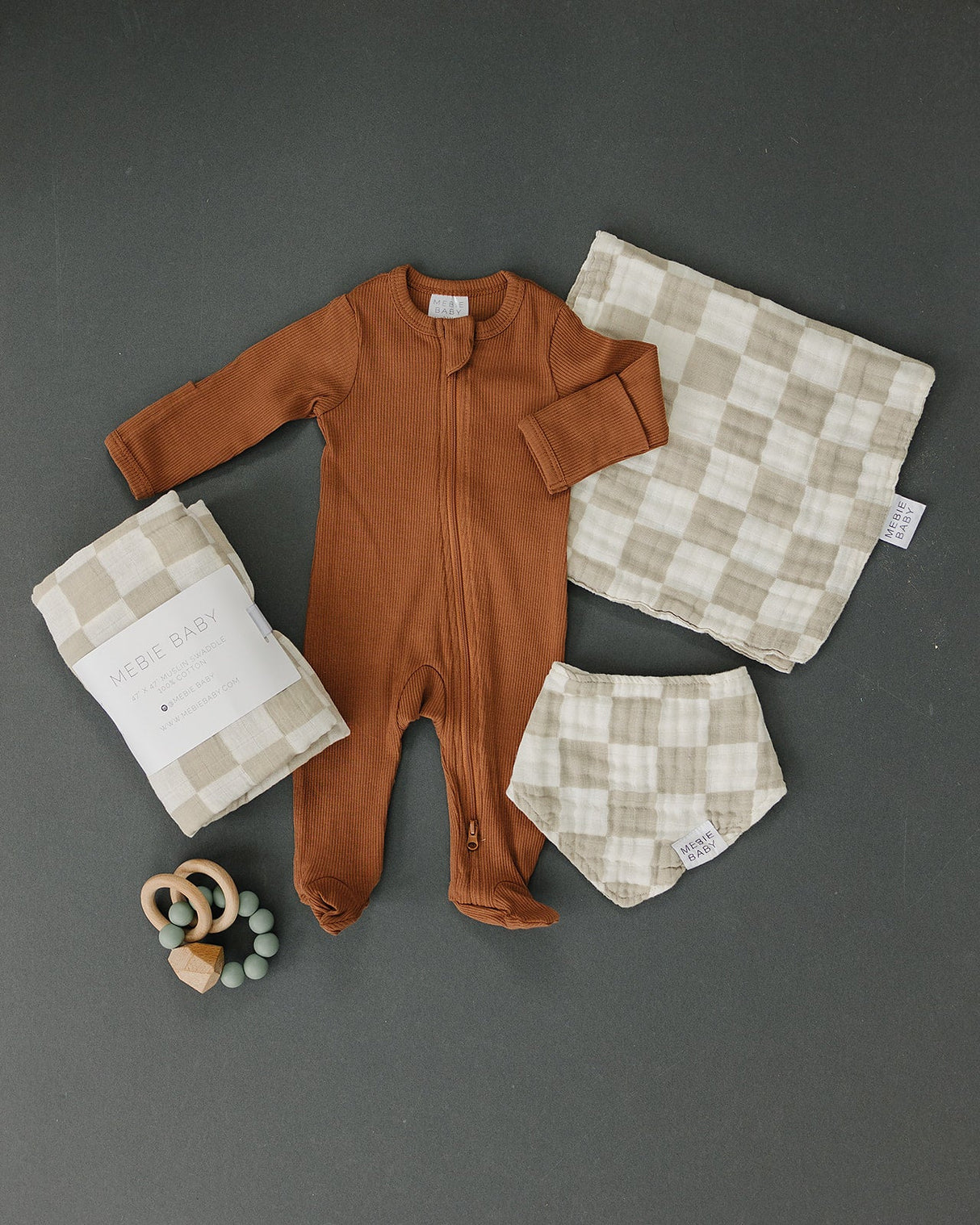 Taupe Checkered Muslin Bib - HoneyBug
