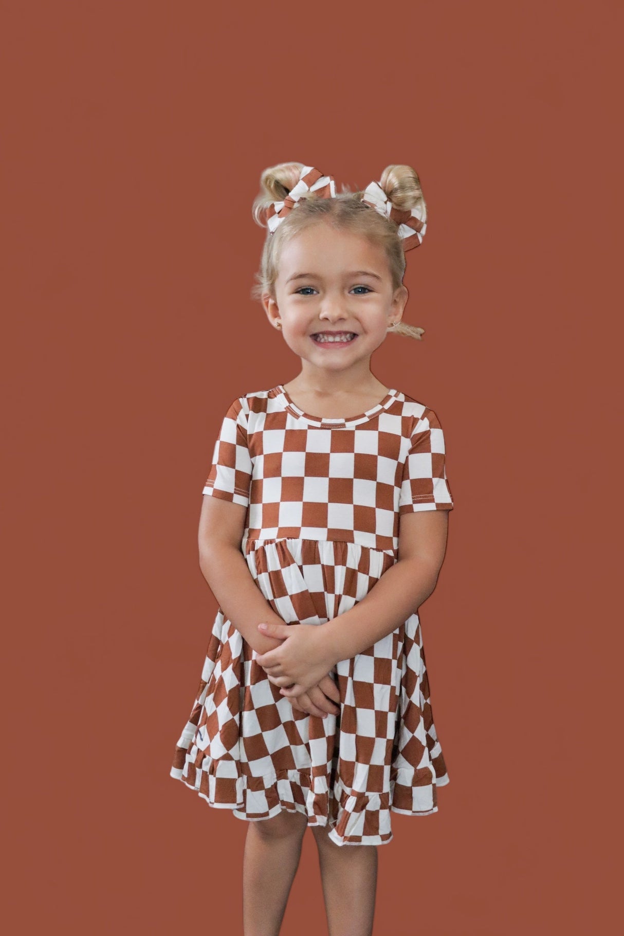 COPPER CHECKERS DREAM RUFFLE DRESS - HoneyBug