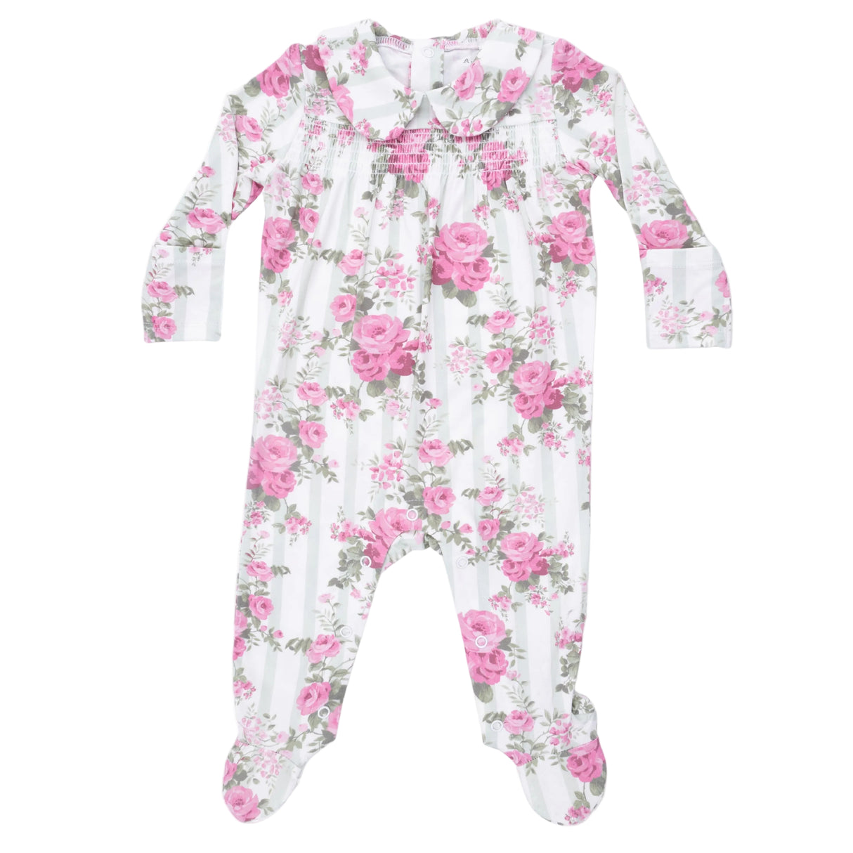 Cabbage Rose Stripe - Smocked Peter Pan Snap Footie