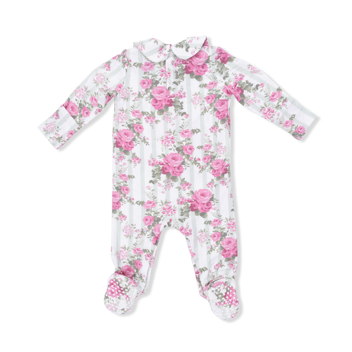 Cabbage Rose Stripe - Smocked Peter Pan Snap Footie