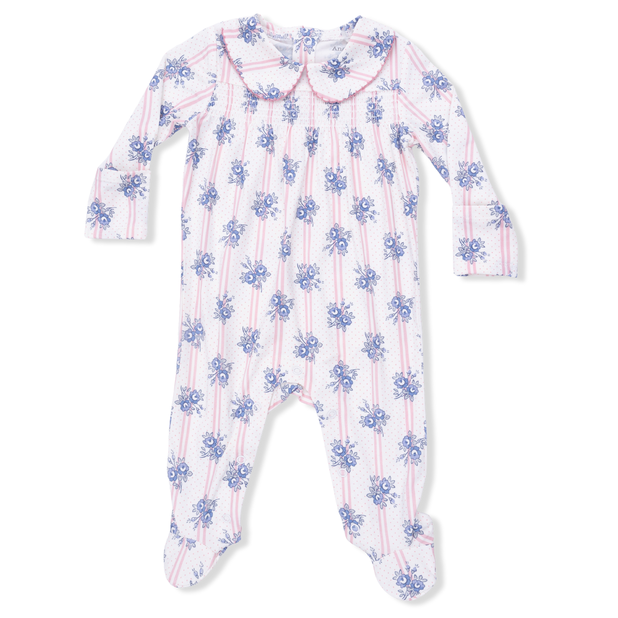 Stripe Dot Roses - Smocked Peter Pan Snap Footie