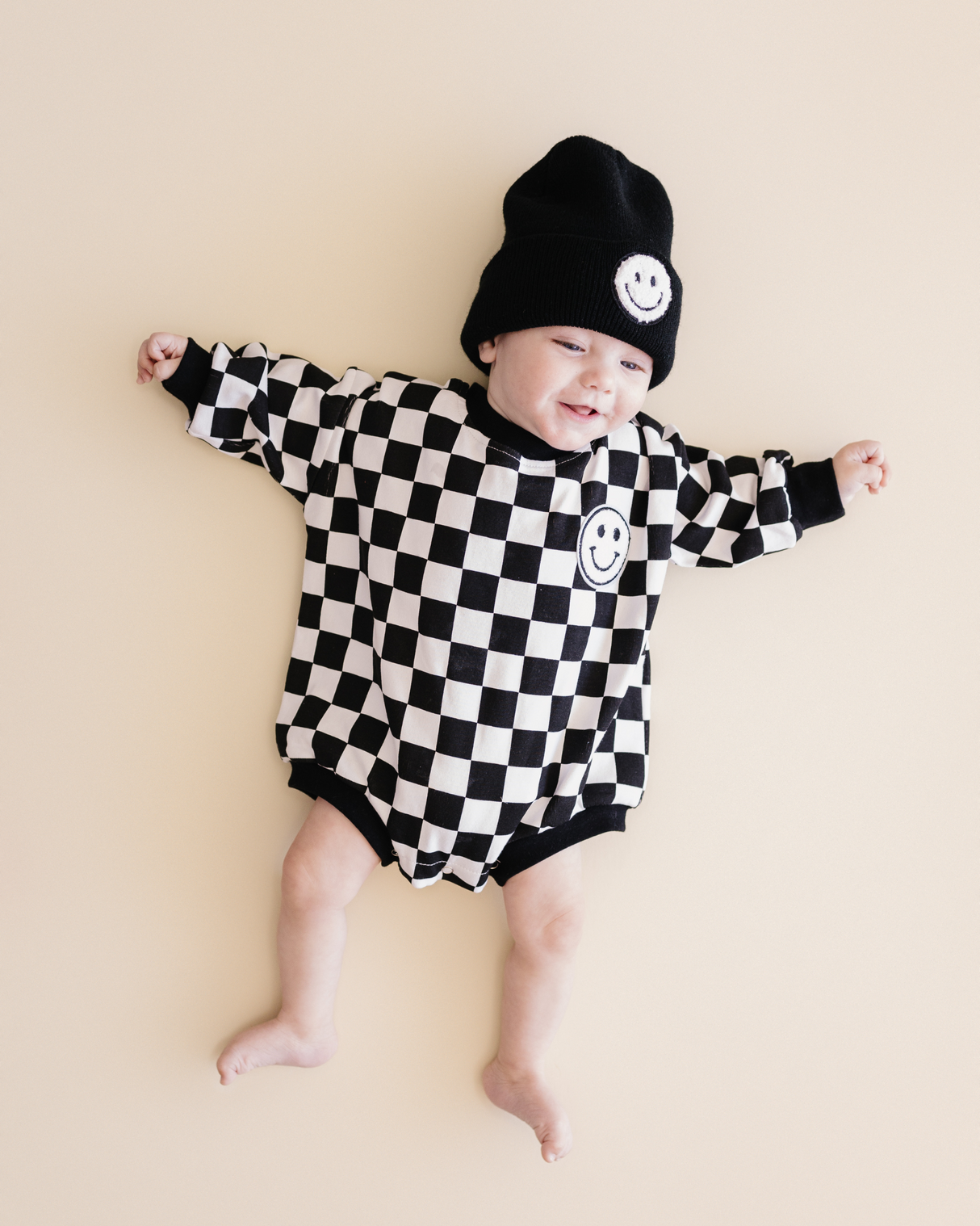 Bubble Romper | Checkered Smiley Black - HoneyBug