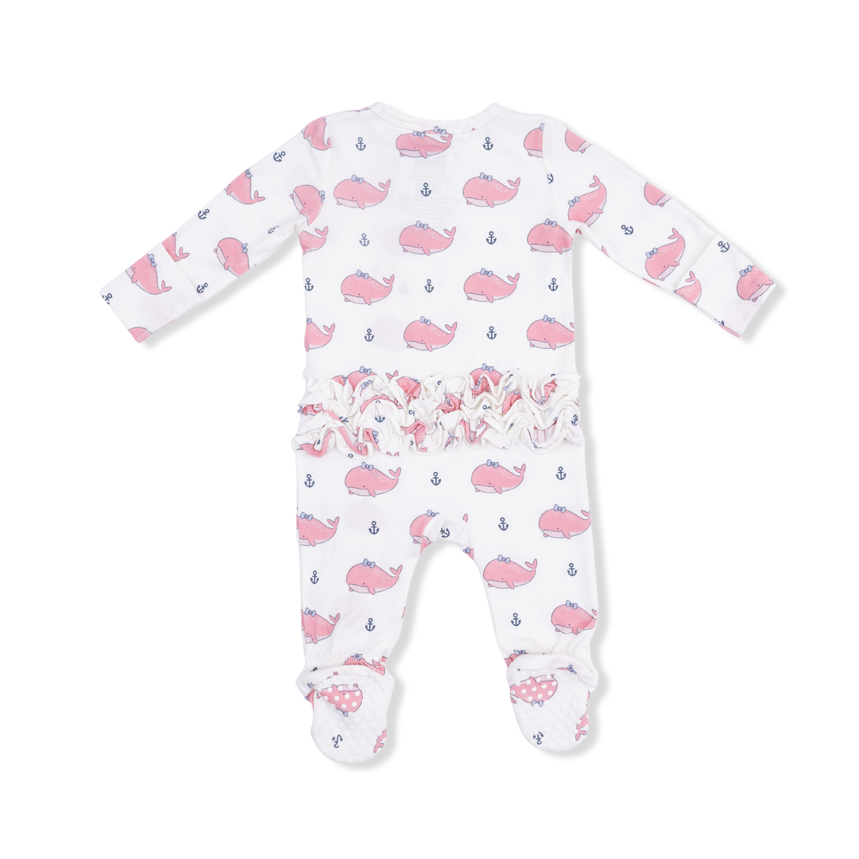 Bubbly Whale with Bow Pink - 2 Way Ruffle Back Zipper Footie