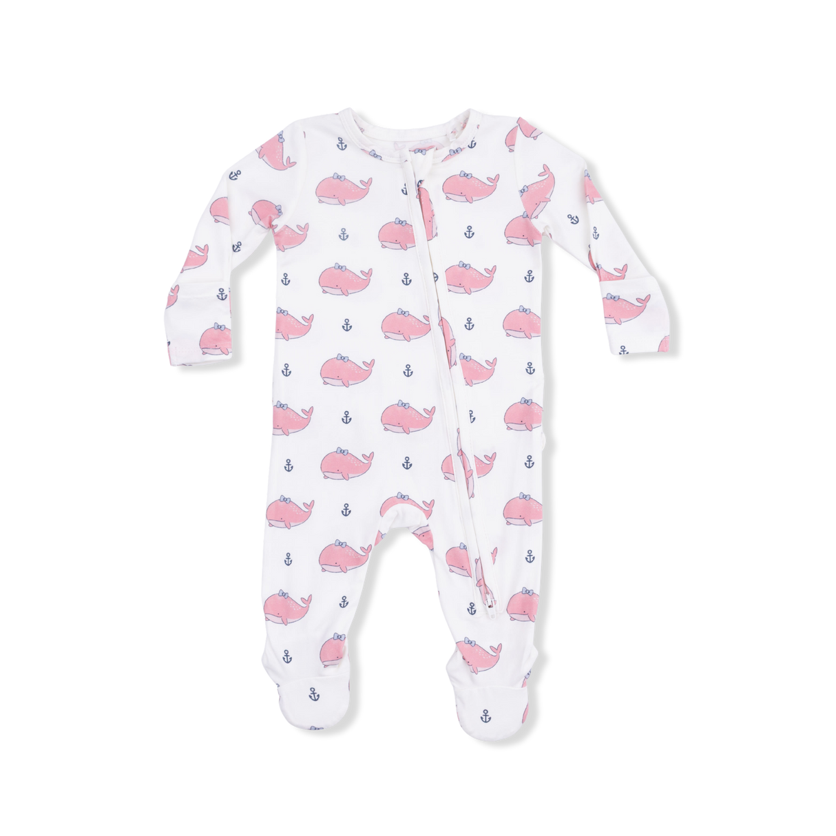 Bubbly Whale with Bow Pink - 2 Way Ruffle Back Zipper Footie