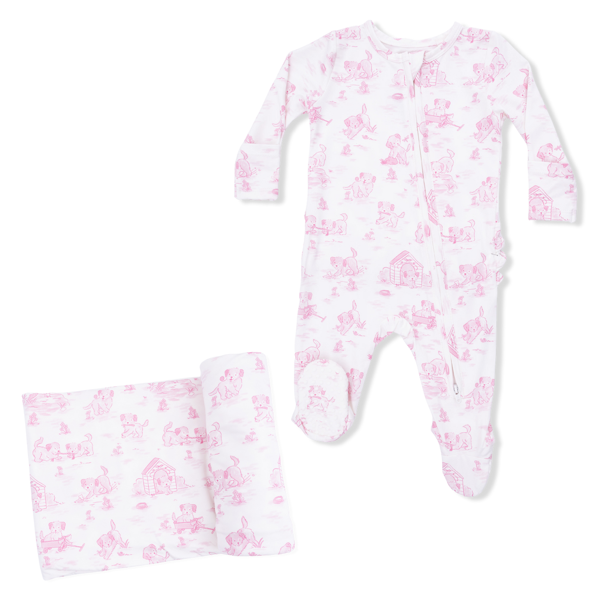 Puppy Toile Pink - 2 Way Ruffle Back Zipper Footie & Swaddle Blanket Set