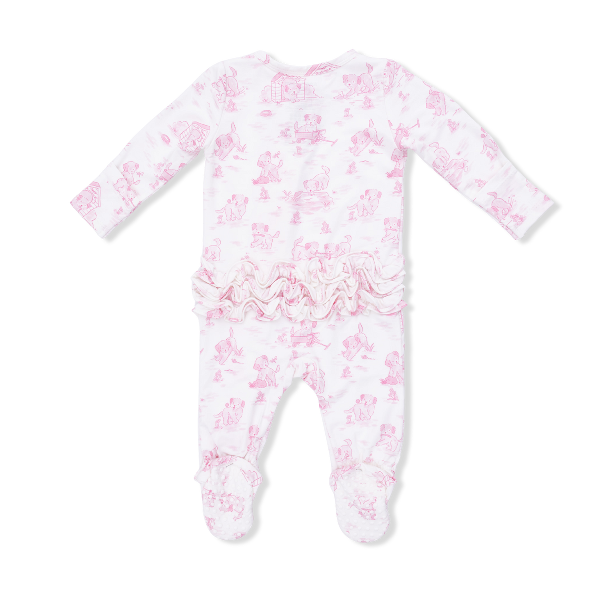 Puppy Toile Pink - 2 Way Ruffle Back Zipper Footie & Swaddle Blanket Set