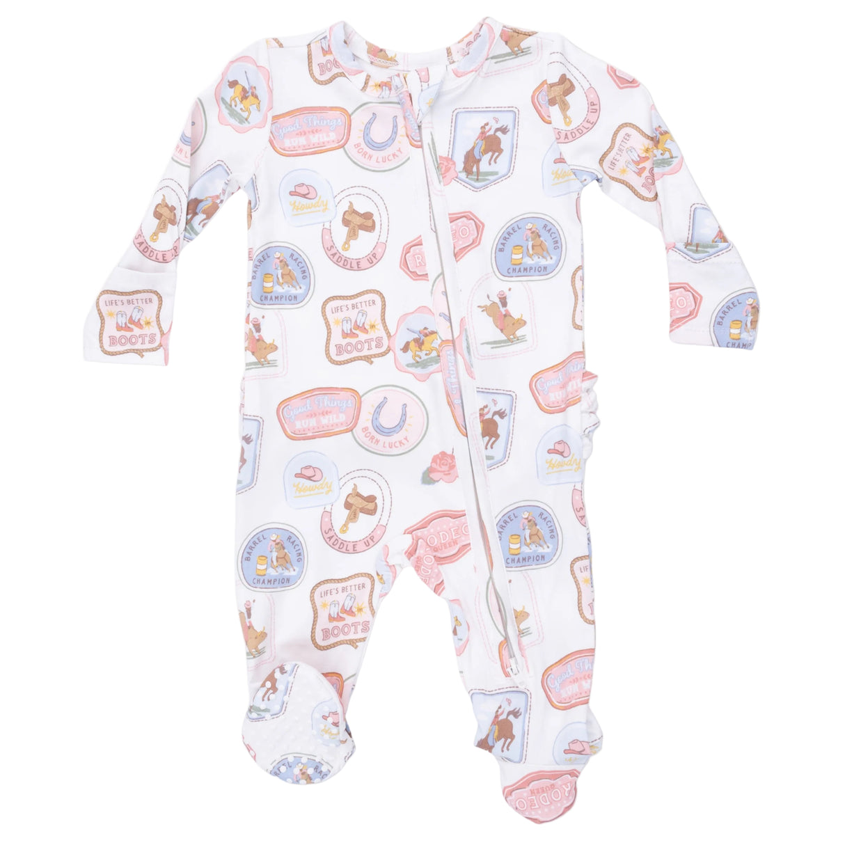 Rodeo Patches Pink - 2 Way Ruffle Back Zipper Footie