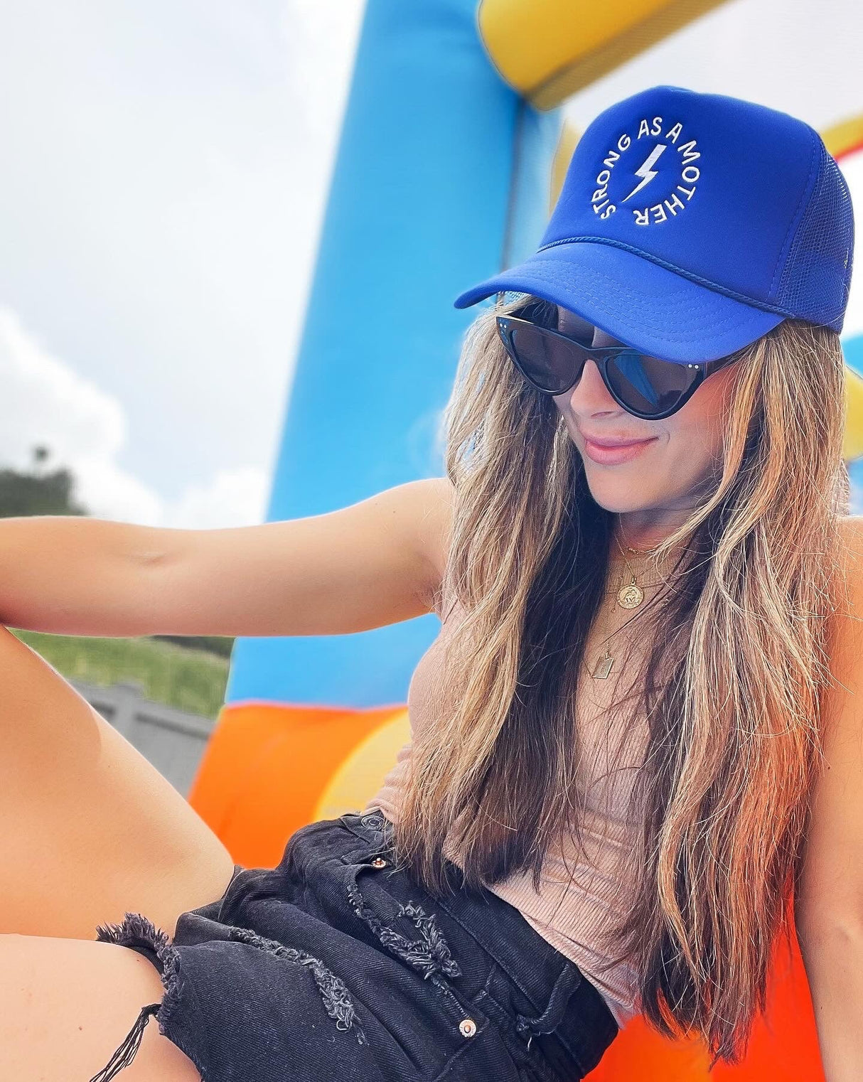 Strong as a mother™ Embroidered Trucker Hat - Royal Blue - HoneyBug