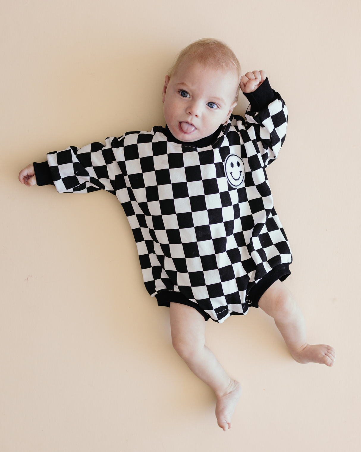 Bubble Romper | Checkered Smiley Black - HoneyBug