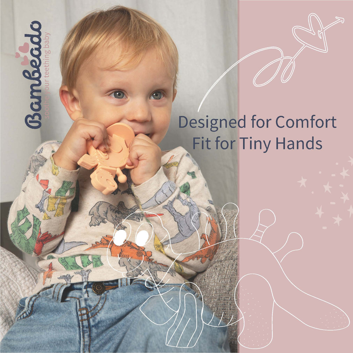 Dibly - Pink - Baltic Amber & Natural Rubber Dinosaur Teether with Toothbrush Tail- - HoneyBug