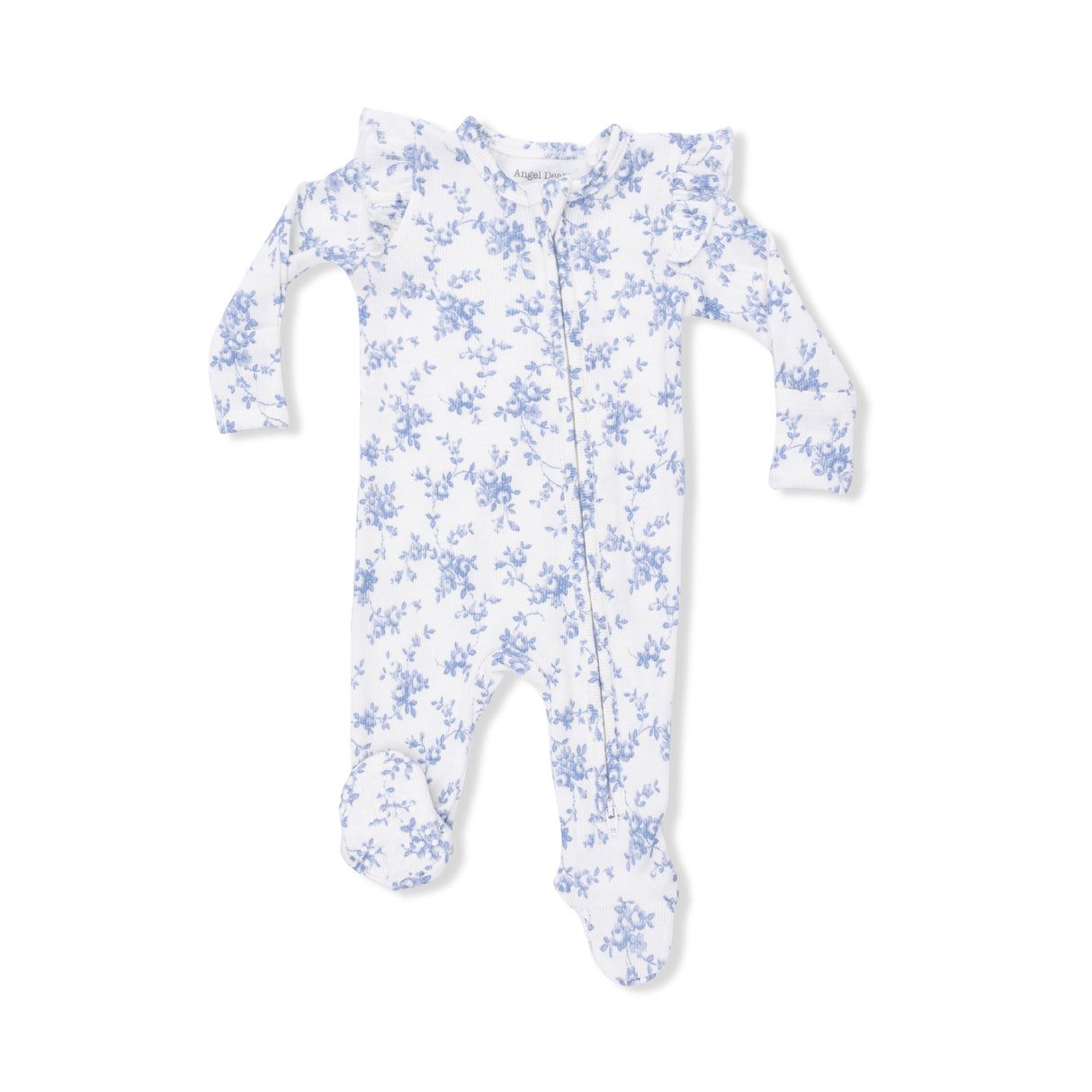 Baby Blue Vines Floral - 2 Way Ruffle Sleeve Zipper Footie