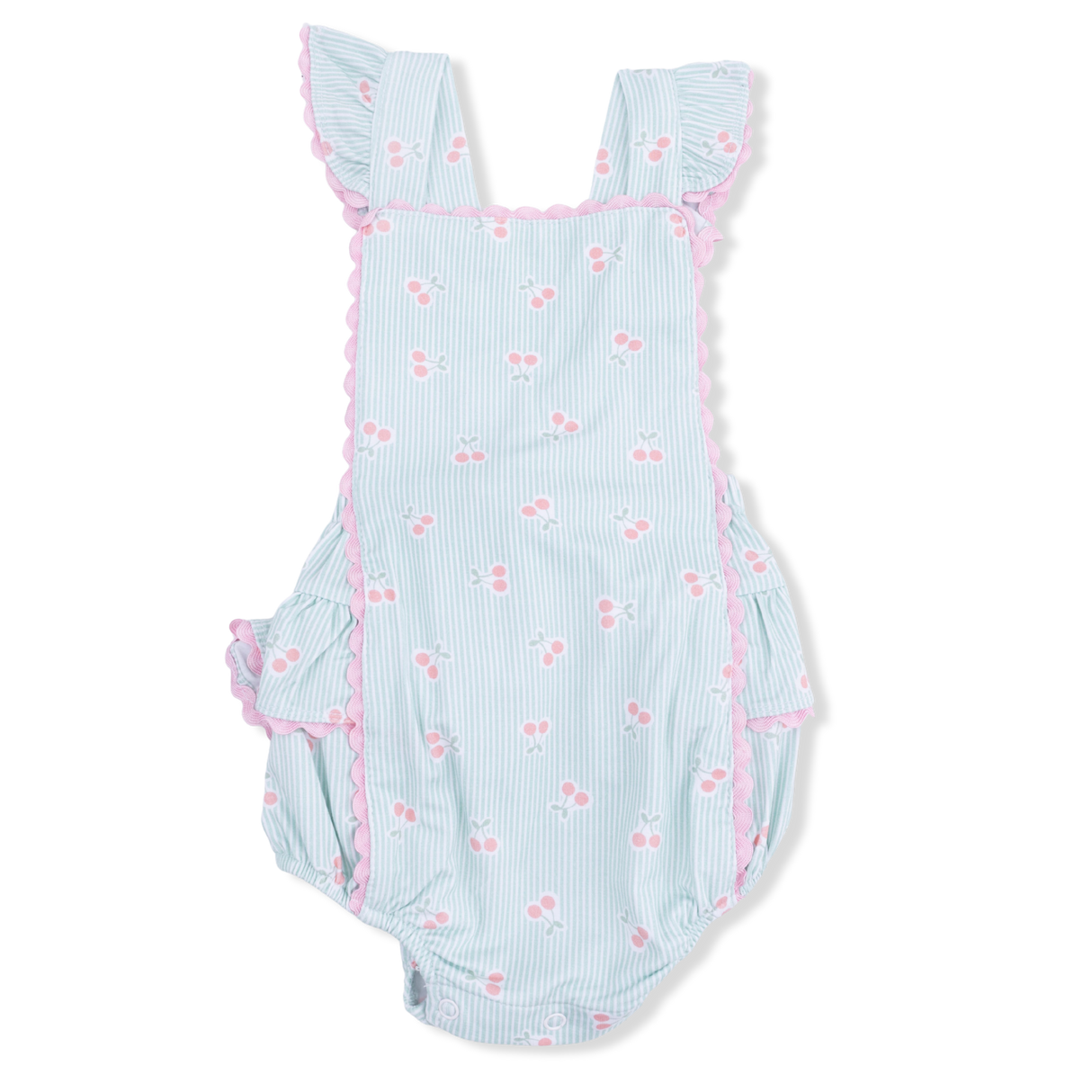 Tiny Cherry Stripe - Ric Rac Ruffle Sunsuit