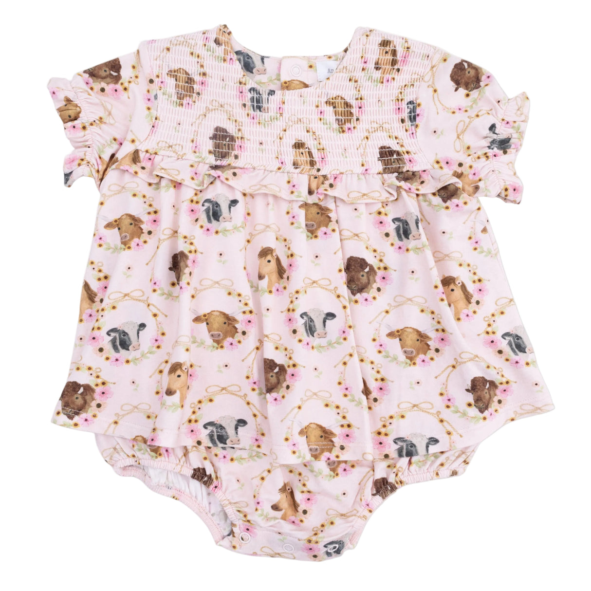 Farm Animals Floral Cameos Pink - Smocked Ruffle Bubble with Skirt