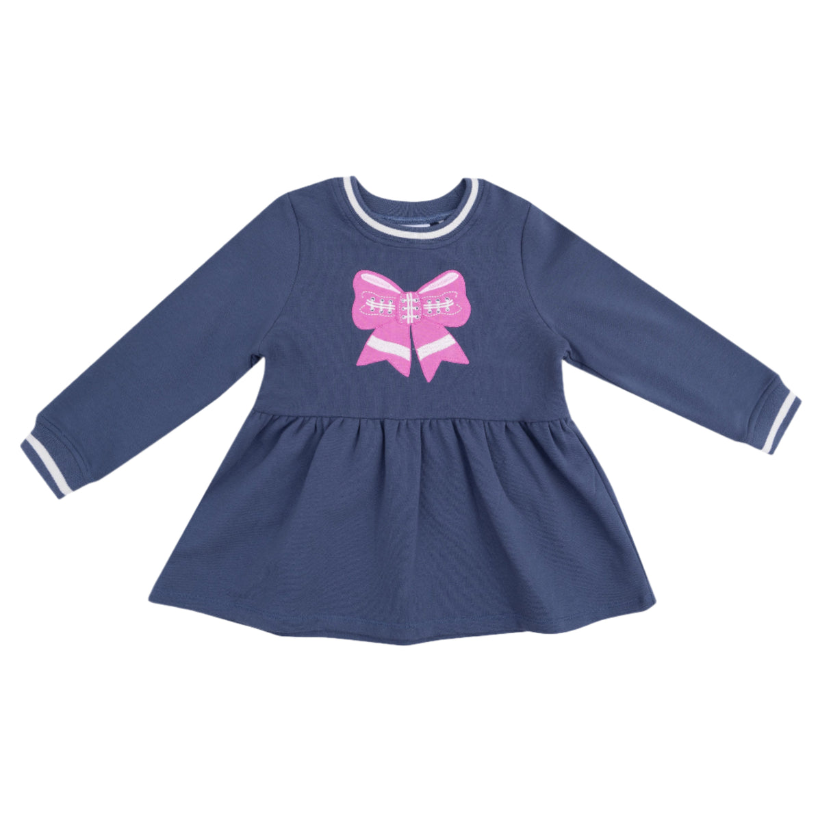 Pink Bow French Terry Dress - Varsity Vintage Indigo - HoneyBug